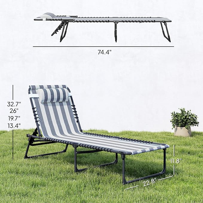 Outsunny Folding Chaise Lounge Chair Outdoor Set of 2 Mesh Seat Blue/White | Foldable, Sun Tanning Chair, Chaise Lounger, 4-Position Reclining Back, for Outside Patio Beach Poolside Backyard