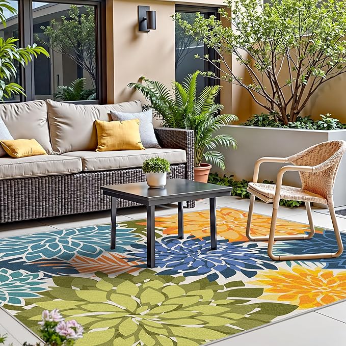 Colorful 6x9 Outdoor Area Rug Washable Multicolored Patio Rug Tropical Botanical Floral Chenille Waterproof Outdoor Carpet Non-Slip for Patio, Deck, Backyard, Porch, Green