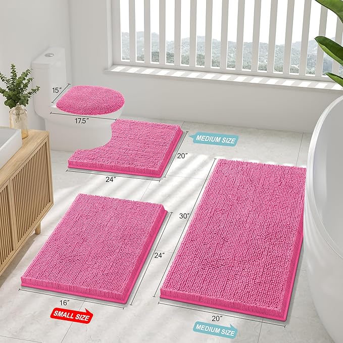 Smiry Luxury Chenille Bathroom Rugs 47x24, Extra Soft and Absorbent Shaggy Bath Mat, Machine Washable, Non-Slip Plush Carpet Runner for Tub, Shower, and Floor, Home Decor Accessories, Hot Pink
