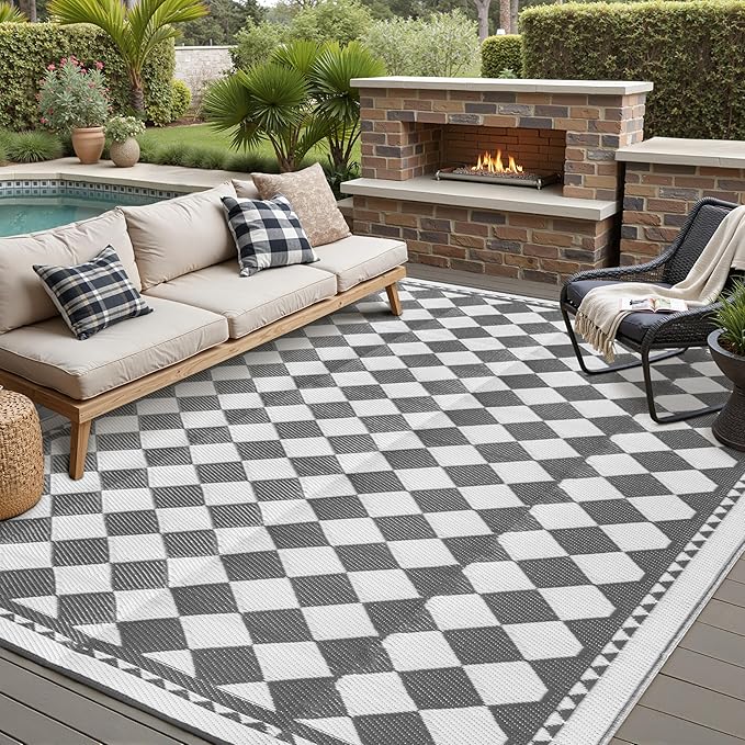 HUGEAR Outdoor Waterproof Rug 6'x9' Plastic Straw Rugs Washable Reversible Floor Mat Grey Plaid Carpet for Camping RV Deck Entryance Porch Picnic Balcony Beach Backyard