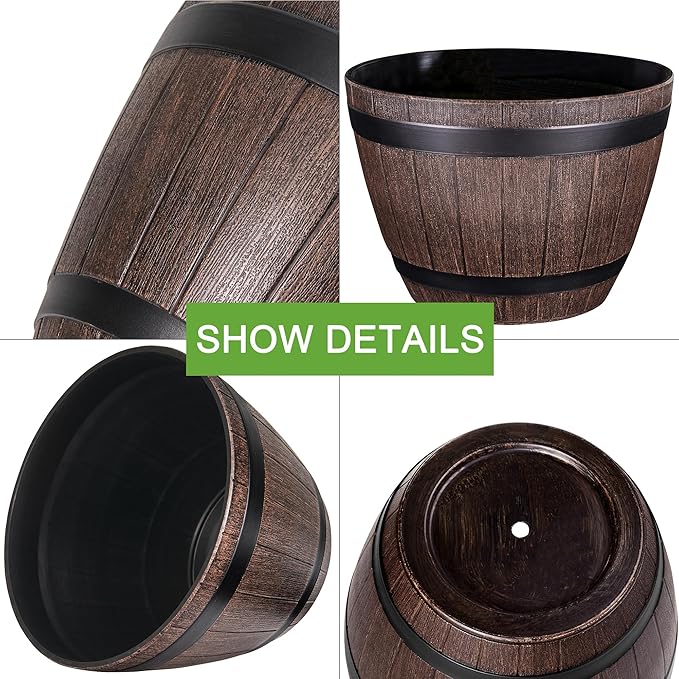VECELO Plant Pots with Drainage Holes & Saucer, 13 Inch Flower Pots with Tray, 3 Pack Plastic Whiskey Barrel Planters for Indoor & Outdoor Garden Home Plants and Flowers
