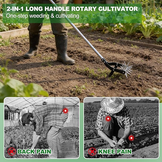 Rotary Cultivator, can Loosen Soil and Remove Weeds, a 2-in-1 Tilling Tool, with a 67-in Long Handle, Suitable for Tilling in Flower Beds, Planter Boxes, Vegetable Plots and Courtyards