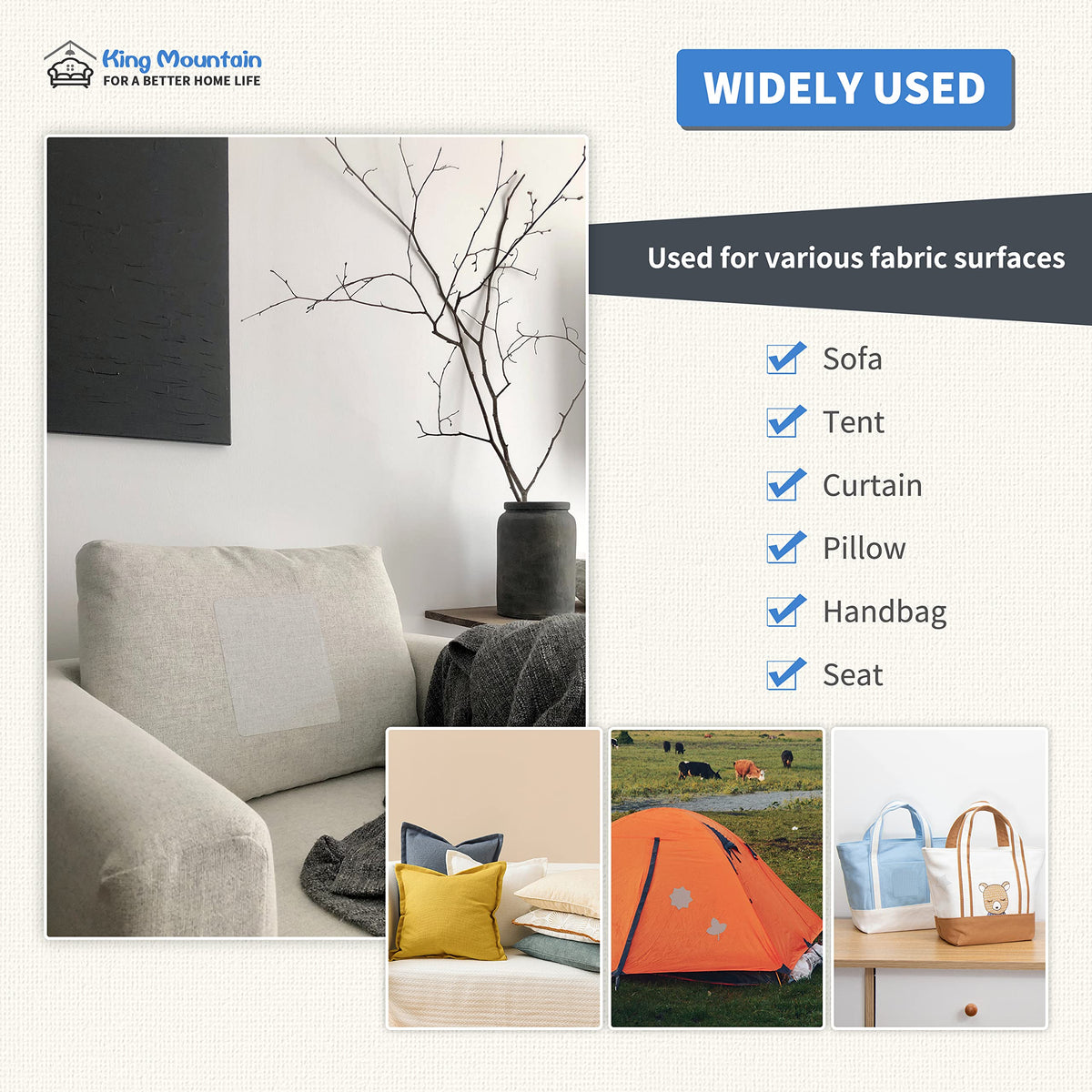 KING MOUNTAIN Canvas Repair Patch 9 x11 Inch 2 Pcs Self-Adhesive Waterproof Fabric Patch for Sofas, Tents, Furniture,Tote Bags, Car Seats (Beige1.0)