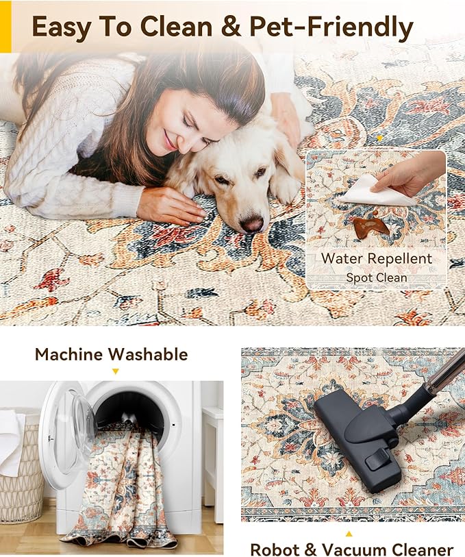 Area Rugs Square 7ft Washable Non-Slip, Floral Vintage Distress Print Pattern Medallion Carpet for Living Room Bedroom Dining Room, Beige Navy Blue Orange Colorful