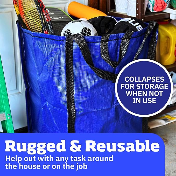 DURASACK Heavy Duty Home and Yard Waste Bag 48-Gallon Woven Polypropylene, Reusable Lawn and Leaf Garden Bag with Reinforced Carry Handles, Pop-Up Self-Standing Garbage Can, Blue (Pack of 2)