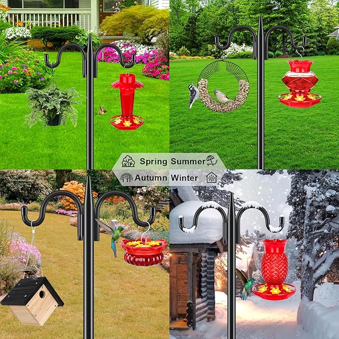 Gtongoko Bird Feeder Pole for Outdoors Heavy Duty, 92 Inch Double Shepherds Hook with 5-Prong Stable Base, 3/4 Inch Thick Hummingbird Feeder Stand for Hanging Plants, Lanterns, 1 Pack