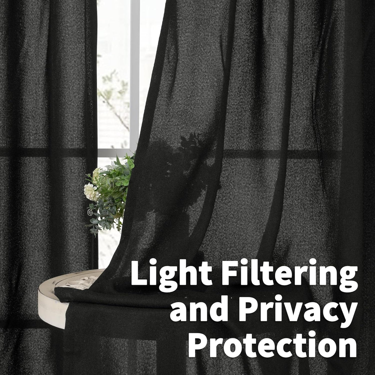 YoungsTex Black Linen Curtains 36 Inch Long for Kitchen 2 Panels, Light Filtering SemI Sheer Drapes Short Length with Back Tab Rod Pocket for Bathroom Cafe Gothic Decorative Privacy, 42 X 36 Inch
