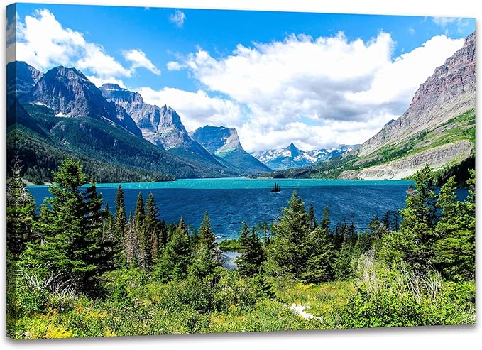 SKASNFAI Glacier National Park Wall Art Lake Mountains Pictures Framed Canvas Prints Artwork for Living room Bedroom Office Ready to Hang (20x30 inch)