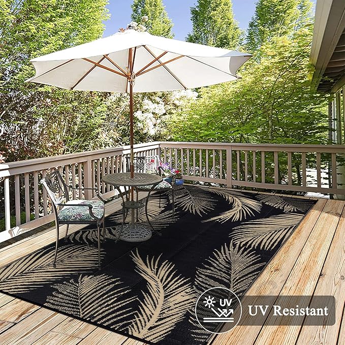 Pauwer Waterproof Outdoor Rug 8x10, Reversible Plastic Straw Patio Camping Rug, Indoor Outdoor RV Mat Carpet for Deck, Camper, Porch, Balcony, Backyard, Picnic, Leaf Black Brown