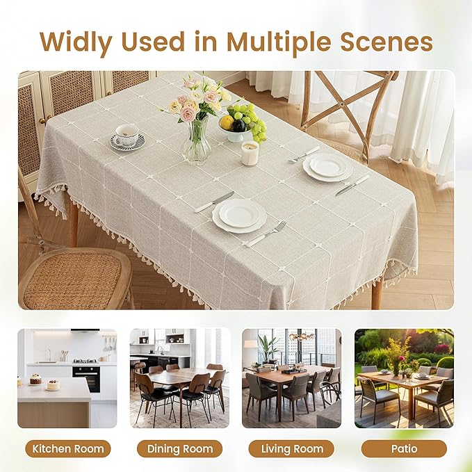 puredown® Plaid Rectangle Tablecloth, Waterproof Cotton Linen Tablecloth with Tassel, Rustic Farmhouse Table Cloths for Kitchen Dining Outdoor, 55"x70",4-6 Seats, Coffee