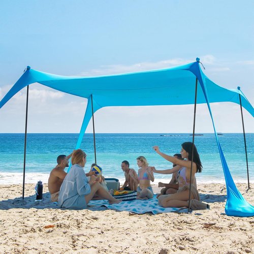 AMMSUN Beach Tent Portable Beach Canopy,11ft X 11ft Sun Shelter Easy Setup, 11'x11' Lycra Sun Shade with UPF50+ Protection 4 Sand Bags & 4 Poles for Family at The Camping, Beach & Outdoor