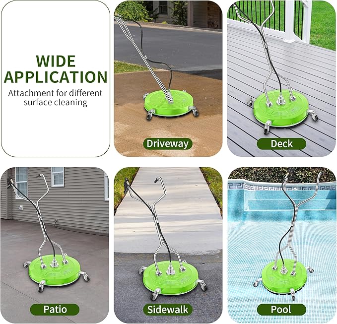 24“ Pressure Washer Surface Cleaner with 4 Wheels - Coated Green Dual Handle Stainless Steel Surface Cleaner for Pressure Washer Attachment for Concrete, Patio, Sidewalk, Deck and Driveways - PWS24G