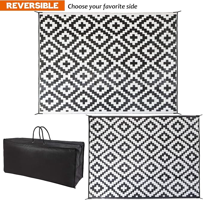 SAND MINE Waterproof Outdoor Rug 9x12 ft, Plastic Reversible Rug, Modern Area Rug, Large Floor Mat for Outdoors, RV, Patio, Backyard, Deck, Picnic, Beach, Camping (9' x 12', Black & White Lattice)