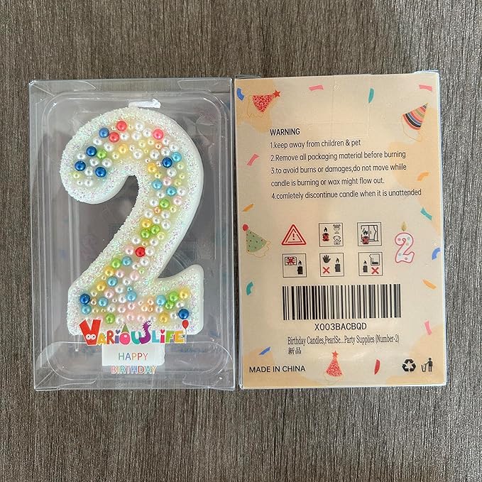 Birthday Candles, Pearl Sequin Number Candle Party Supplies (Number-2)