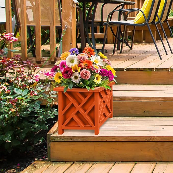Lattice Design Outdoor Planter Box - 14.75” Square 13” Tall Terracotta Plant Pot - Decorative Plant Pots for Front Porch Decor - Flower Pots Outdoor Planters for Porch Patio or Garden by Pure Garden