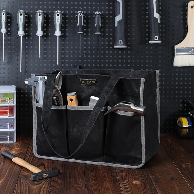 Durable 16OZ Waxed Canvas Tool Bag with Handle - A Large Main Pocket and 6 Exterior Pockets (12.5 x 6.5 x 9.5 Inches) Black