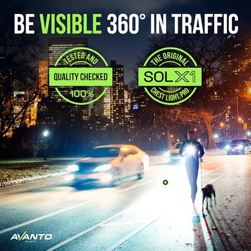 AVANTO SOLX1 Pro Running Headlamp - USB-C Rechargeable Chest Light with Adjustable Beam & Reflective Safety Harness in Black