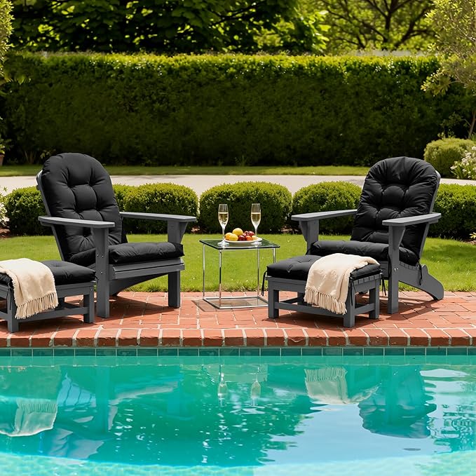 Adirondack Chair Cushion with Ottoman, Folding Adjustable Adirondack Seat Cushions, Waterproof Adirondack Patio Chair Pads for Garden, Deck, or Poolside, Large-Black-1