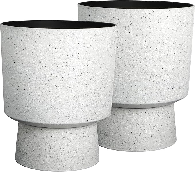16.75"H Urn-Style Tall Planters, 2-Pack Modern Large Flower Pots for Outdoor Indoor, 2-in-1 Design Plant Containers for Garden Patio Yard Balcony Porch or Home Decor, White Terrazzo, UV-Protect