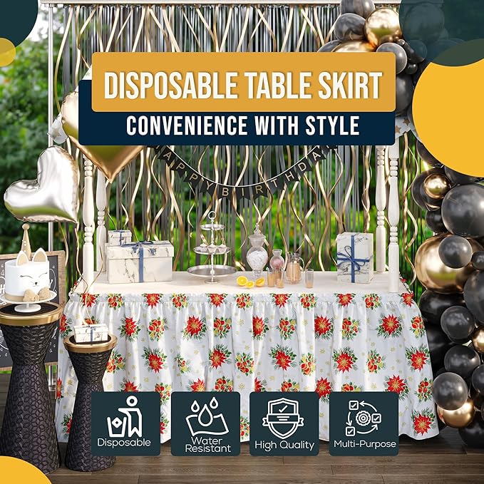Exquisite Ruffle Table Skirt Holiday 2 Pack 14 Ft Long for Rectangle 6ft Plus or Round Tables With Adhesive Strip for Gender Reveal Decor & Happy Birthday Parties