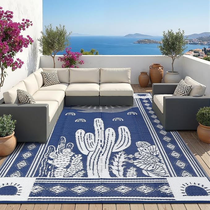 Garvee Reversible Cactus Outdoor Rug 8x10 for Patio, Waterproof Outdoor Area Rug, Modern Desert Botanical Indoor Outdoor Rugs, Plastic Straw Rug for RV, Camping, Deck, Navy Blue & Beige