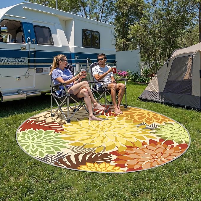 Colorful 6FT Outdoor Round Area Rug Washable Rugs Multicolored Patio Rug Tropical Botanical Floral Chenille Waterproof Outdoor Carpet for RV, Pool Deck, Backyard, Porch, Orange