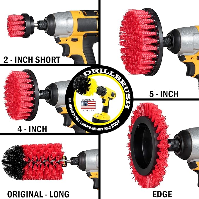 Drillbrush 5 Piece Red Stiff Nylon Cleaning Brush Set - Outdoor Cleaning Scrub Brushes for Cordless Drill - Siding Cleaner Brush Attachment - Deck Scrubbing - Birdbath Cleaner - Gravestone Scrubber