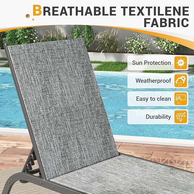 UDPATIO Aluminum Lounge Chair Set of 3 Poolside Chaise Lounger Outdoor Lounge Chairs 5 Adjustable Position Backrest Pool Lounger with Wheels Side Table for Patio Pool,Grey