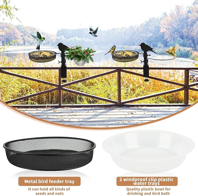 Bird Feeder 3 Inch Clamp for Deck Railings - Heavy Duty Adjustable Clamp with Metal Tray & 2 Detachable Bowls, All-in-One Backyard Gift to Attract Cardinals, Finches to Balcony, Porch, Patio
