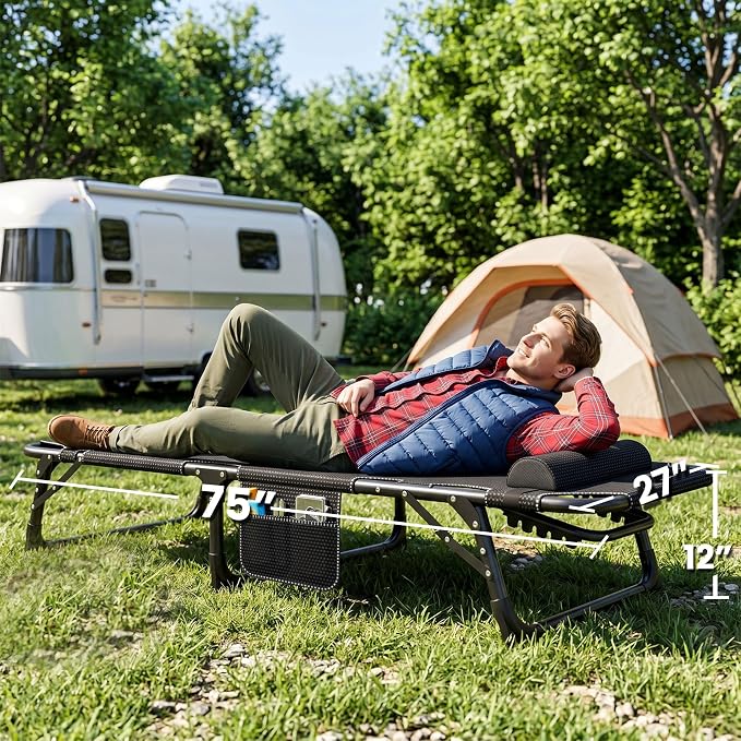 ABORON 3-in-1 Folding Patio Lounge Chair, 440LB Heavy-Duty Tri-Fold Guest Bed with Plush Cotton Cushion, No Assembly Adjustable Recliner for Office Nap, Patio Sunbathing, Poolside & Camping