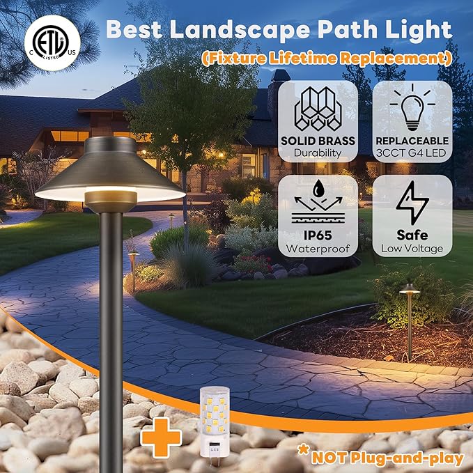 Low Voltage Landscape Lighting Brass, 2700K/3000K/4000K Adjustable 12v Pathway Lights Waterproof, Hard Wired Path Light Outdoor, Bronze for Exterior Area Patio with G4 Bulb (6 Pack)