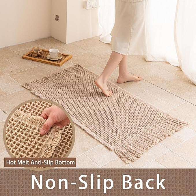 Waffle Runner Rug Non Slip, Boho Bath Mat, Super Absorbent Quick Dry Long Bath Runner Bathroom, Soft Farmhouse Bath Rug with Tassels, Washable Shower Mats for Floor 24"x72", Tassels Brown