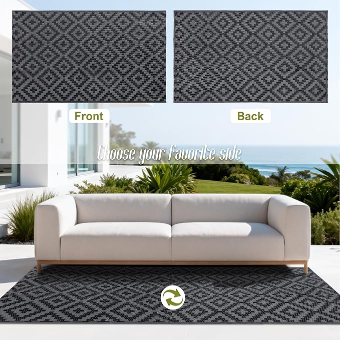 SAND MINE Waterproof Outdoor Rug, Plastic Reversible Rug, Modern Area Rug, Large Floor Mat for Outdoors, RV, Patio, Backyard, Deck, Picnic, Beach, Camping (3' x 5', Black Grey Lattice)