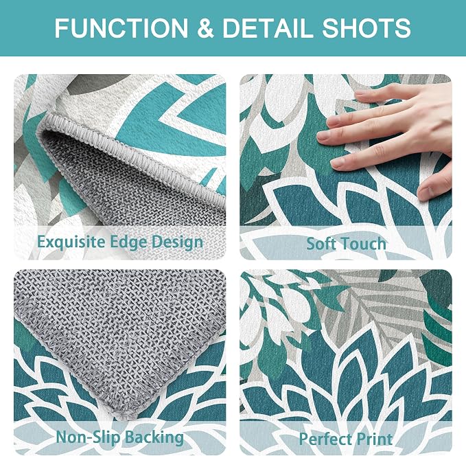 Colorful 5x8 Outdoor Area Rug Washable Multicolored Patio Rug Tropical Botanical Floral Chenille Waterproof Outdoor Carpet for Living Room, Deck, Backyard, Porch, Teal