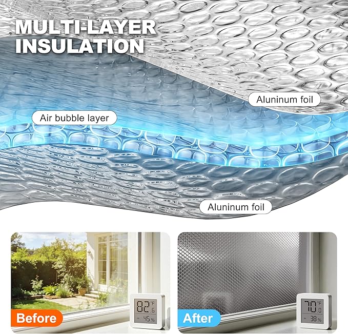 Reflective Bubble Window Insulation for Summer Heat, Sun Reflector for Windows, Insulation Roll for RV Window Insulation, 24"(W) x10 Ft (L) Window Insulation Kit, RV Windwow Coverings.