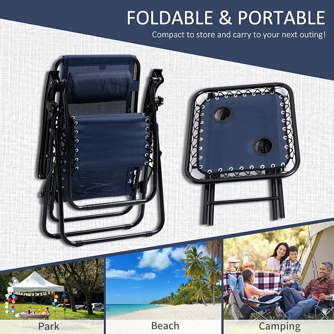 Outsunny Zero Gravity Chair Set with Side Table, Folding Reclining Chair with Cupholders & Pillows, Adjustable Lounge Chairs for Pool, Backyard, Lawn, Beach, Blue