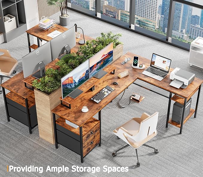 Furologee 66” L Shaped Desk with Power Outlet, Reversible Computer Gaming Desk with File Drawer & 2 Monitor Stands for Home Office with Storage Shelves, Rustic Brown