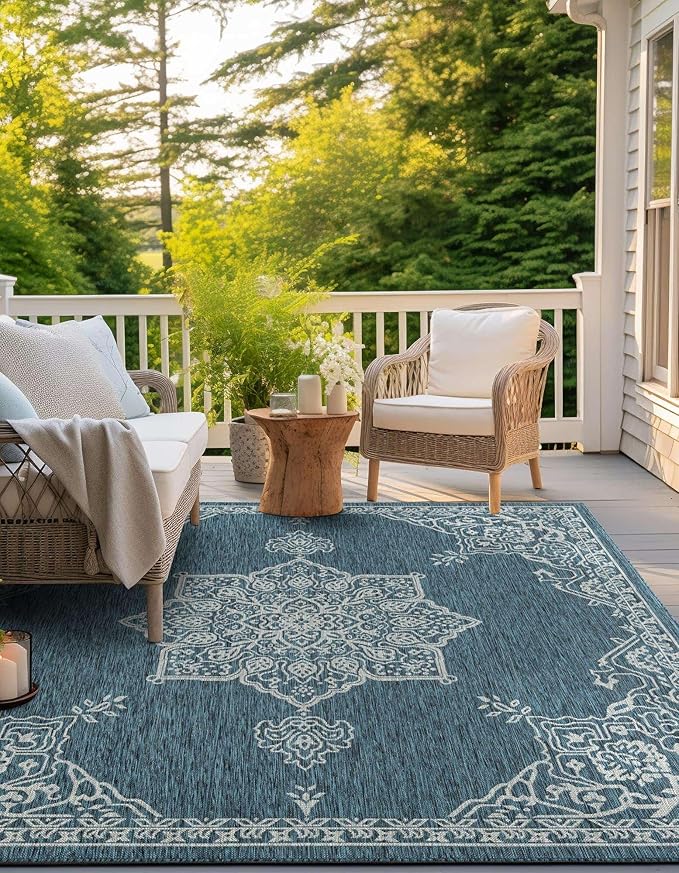 Unique Loom Outdoor Traditional Collection Area Rug - Antique (7' 10" Square Teal/Ivory)