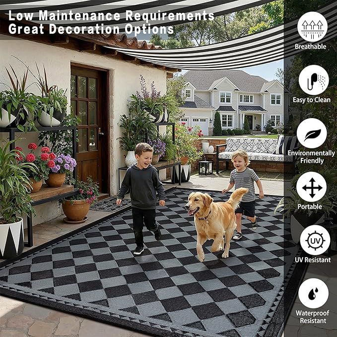 HUGEAR Outdoor Waterproof Rug 9'x12' Plastic Straw Rugs Washable Reversible Floor Mat Black/Grey Plaid Carpet for Camping RV Deck Entryance Porch Picnic Balcony Beach Backyard