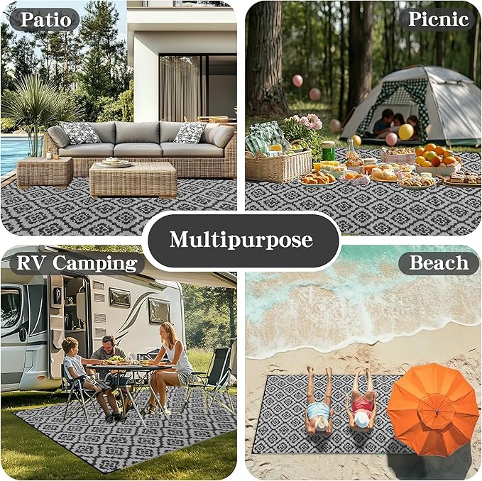 Wallona Outdoor Rugs 9x12 ft Patio Waterproof Clearance Indoor Outdoor Large Carpet for Patio Plastic Straw Reversible Area Rugs Mat for RV, Camping, Balcony, Beach, Picnic, Porch, Brick Black & Grey