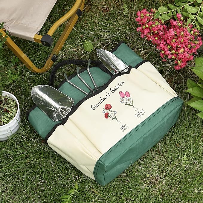 Personalized Garden Tools Set for Women: Custom Text Garden Tool Bag and Garden Shovel & Transplant Shovel & Hand Rake - Gardening Gifts for Mom Grandma Gardening Lover (2 Flowers)