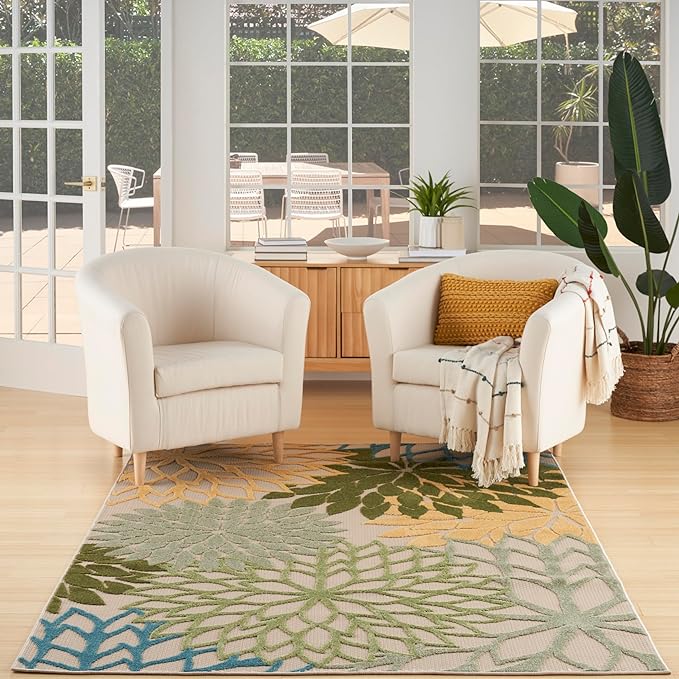 Nourison Home Aloha Tropical Indoor/Outdoor Green Multicolor 5'3" x 7'5" Area Rug, Easy Clean, Non Shedding, Bed Room, Living Room, Dining Room, Backyard, Deck, Patio (5x7)
