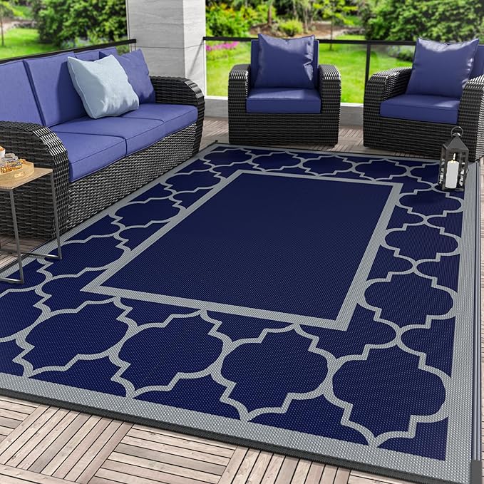 GENIMO Outdoor Rug 9' x 12' Patio Waterproof, Foldable Reversible Plastic Straw Area Rugs Mat for Camper Decor, Outside Carpet for Rv, Deck, Porch, Picnic, Beach, Balcony, Blue & Grey