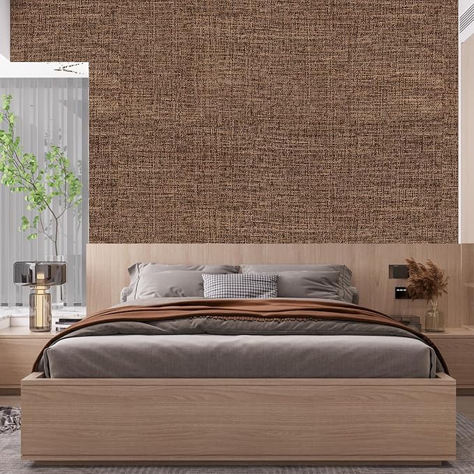 Brown Grasscloth Peel and Stick Wallpaper 17.3"x1200" Faux Linen Textured