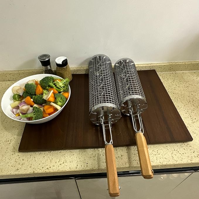 Rolling Grill Basket(2PCS),304 Stainless Steel, BBQ Grill Basket, Wooden Handle,Flip Rolling Cage, BBQ Accessories Tool for Vegetable Shrimp, Outdoor Cooking & Camping BBQ, Ideal Gift for Men, Dad