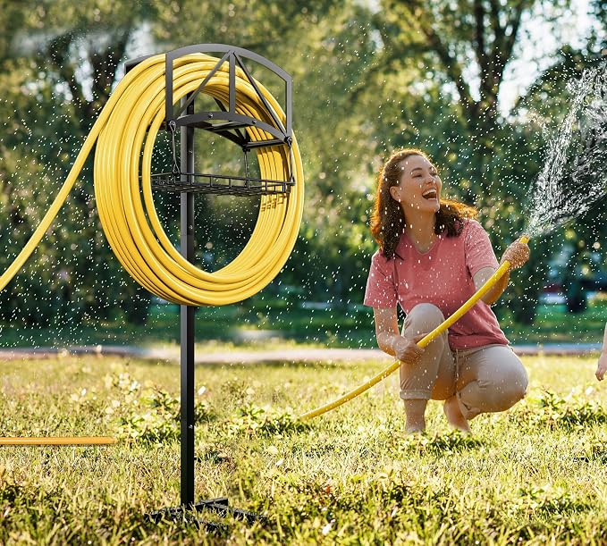 Fire Beauty Garden Hose Holder with Storage Basket,Heavy-Duty,80+lb Capacity,Rust-Proof Stainless Steel,Holds 150ft Hose