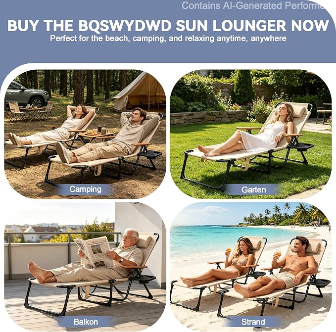 Beach Lounge Chairs with Armrests, 4-Position Folding Lounge Chairs for Outside, Sunbathing Portable Lounge Chaise, Tanning Chair Pillow & Cup Holder, for Outside Beach Pool (Beige)