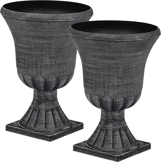 22" Timeless Urn Planters for Outdoor Plants, Set of 2 Plastic Large Flower Pot with Handmade Washed Black Finish, Weather-Resistant for Porch, Garden, Patio or Indoor Use