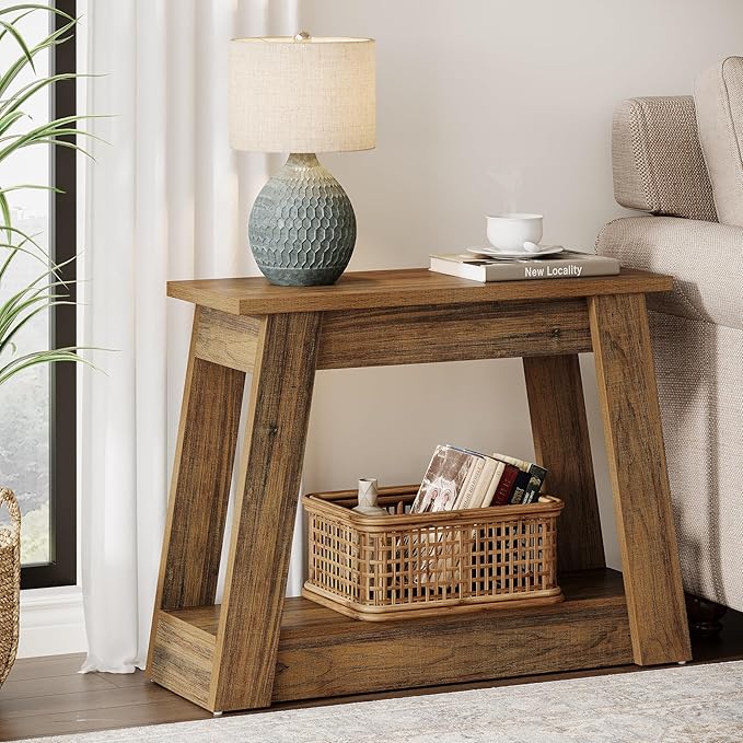 Tribesigns Wood End Table, Small Side Table with 2 Storage Shelves, Rustic Accent Narrow Nightstand for Living Room, Bedroom (2, Rustic Brown)
