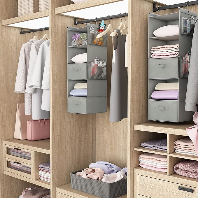 MAX Houser 5 Tier Shelf Hanging Closet Organizer, Cloth Hanging Shelf with 2 Sturdy Hooks for Storage, Foldable (Light Grey-D2)